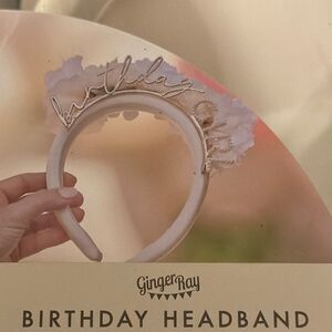 White Birthday Headband with gold tone pearl & faux floral decor